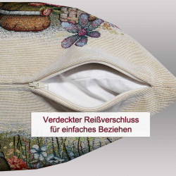 Detailansicht der Kissenhülle mit geöffnetem, verdecktem Reißverschluss an der Unterseite für leichtes Beziehen.