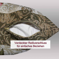 Detailansicht der Kissenhülle mit geöffnetem, verdecktem Reißverschluss an der Unterseite für einfaches Beziehen.