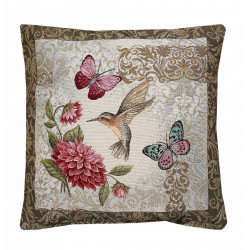 Quadratischer Kissenbezug aus festem Gobelin mit farbenfrohen Kolibris und tropischen Pflanzen auf beigem Grund.