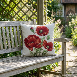 Florales Gobelin-Dekokissen mit rotem Mohnblumen-Motiv auf einem hellen Holzstuhl im sommerlichen Garten.