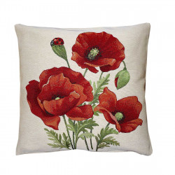 Quadratischer Kissenbezug aus festem Gobelin mit allover Mohnblumenmuster und filigranen Halmen.