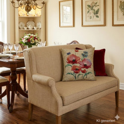 Sommerliches Gobelin-Dekokissen mit Mohn und Kornblumen auf einer hellen Bank im idyllischen Esszimmer platziert.