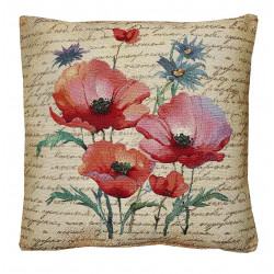 Quadratischer Kissenbezug aus festem Gobelin mit farbenfrohem Wiesenblumen-Motiv auf hellem Hintergrund.