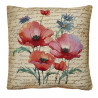 Quadratischer Kissenbezug aus festem Gobelin mit farbenfrohem Wiesenblumen-Motiv auf hellem Hintergrund.