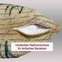 Detailansicht der Kissenhülle mit geöffnetem, verdecktem Reißverschluss an der Unterseite für einfaches Beziehen.