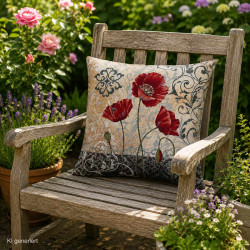 Stilvolles Gobelin-Kissen mit abstraktem Mohnblumen-Muster auf einem Holzstuhlin einem blühenden Garten.