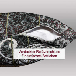 Detailansicht der Kissenhülle mit geöffnetem, verdecktem Reißverschluss an der Unterseite für einfaches Beziehen.