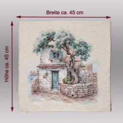 Kissenhülle mit Maßen ca. 45x45 cm und Oliven-Muster, ideales Dekokissen für mediterrane Heimtextilien-Deko.
