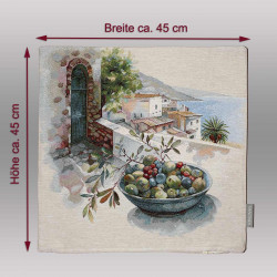 Kissenhülle mit Maßen ca. 45x45 cm und Oliven-Motiv, ideales Dekokissen für stilvolle, mediterrane Wohntextilien.