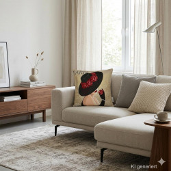 Romantisches Gobelin-Dekokissen mit Vintage-Parismotiv auf einem eleganten grauen Sofa im klassisch eingerichteten Wohnzimmer.