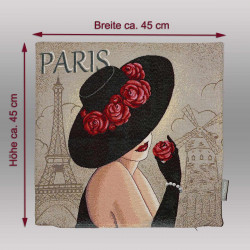 Kissenhülle mit Maßen ca. 45x45 cm und französischem Retro-Motiv, ideales Dekokissen für stilvolle Wohntextilien.
