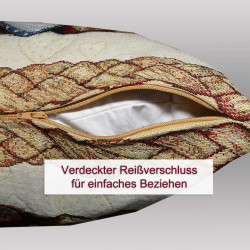 Detailansicht der Kissenhülle mit geöffnetem, verdecktem Reißverschluss an der Unterseite für leichtes Beziehen.
