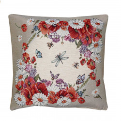 Quadratischer Kissenbezug aus festem Gobelin mit elegantem Wildmohn- und Gräser-Muster auf hellem Grund.