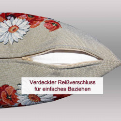 Detailansicht der Kissenhülle mit geöffnetem, verdecktem Reißverschluss an der Unterseite für leichtes Beziehen.