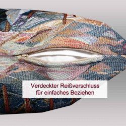Nahaufnahme der Unterseite des Gobelin-Dekokissens mit einem verdeckten Reißverschluss für einfaches Beziehen.