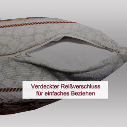 Detail der Unterseite eines Gobelin-Dekokissens mit verdecktem Reißverschluss für einfaches Beziehen.