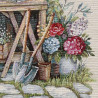 Detail von Gobelin-Sofakissen: Fest gewebte Struktur mit bunten Hortensien, Rosen und Gartengeräten in Nahaufnahme.