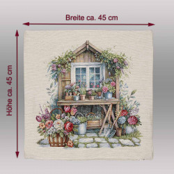 Kissenhülle in Gobelin-Qualität mit Maßen ca. 45x45 cm und floralem Gartenhaus-Motiv für wohnliche Dekoration.