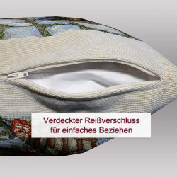 Detailaufnahme eines cremefarbenen Gobelin-Dekokissens mit verdecktem Reißverschluss an der Unterseite zum Beziehen.