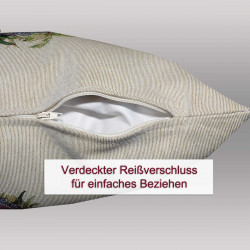 Nahaufnahme eines Gobelinkissens mit verdecktem Reißverschluss für einfaches Beziehen von Heimtextilien.