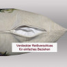 Nahaufnahme eines Gobelinkissens mit verdecktem Reißverschluss für einfaches Beziehen von Heimtextilien.