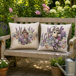 Zwei unterschiedliche Gobelin-Dekokissen mit Vogelhaus- und Lavendel-Motiv dekorativ auf einer Gartenbank.