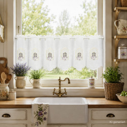 Floraler Kurzstore aus Plauener Spitze mit lila Blumen, dekorativ an einer Fensterscheibe als Sichtschutz angebracht.