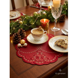 Rundes rotes Weihnachts-Platzset mit Tanne aus Goldstickerei auf festlich gedeckter Kaffeetafel.