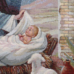 Detailansicht des gewebten Gobelinstoffs zeigt das Jesuskind in der Krippe des feinen Jacquard-Kissenbezugs.