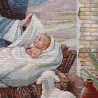 Detailansicht des gewebten Gobelinstoffs zeigt das Jesuskind in der Krippe des feinen Jacquard-Kissenbezugs.