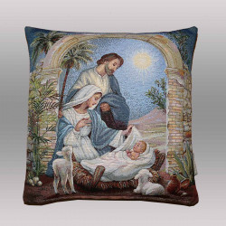 Kissenhülle mit christlichem Weihnachtsmotiv aus festem Gobelinstoff, freigestellt vor grauem Hintergrund.
