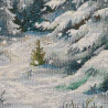 Detailaufnahme der gewebten Struktur des Gobelin-Kissenbezugs mit verschneiten Tannen im Winterwald-Design.