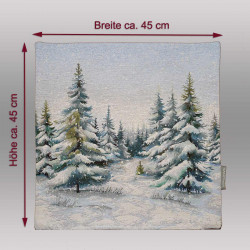 Gobelin-Kissenbezug mit Wintermotiv und eingeblendeten Maßpfeilen für Breite und Höhe von ca. 45x45 cm.