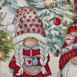 Detailansicht des robusten Gobelin-Gewebes mit einem eingewebten Weihnachtswichtel-Motiv in Rot und Weiß.