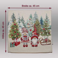 Gobelin-Weihnachtskissen mit Maßpfeilen für die Abmessungen Breite und Höhe von jeweils ca. 45 cm.