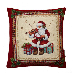 Freigestelltes Gobelin-Dekokissen mit festlichem Weihnachtsmann-Motiv und Noten auf weißem Hintergrund.