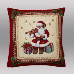 Quadratischer Gobelin-Kissenbezug mit weihnachtlichem Musik-Motiv vor einem neutralen grauen Hintergrund.