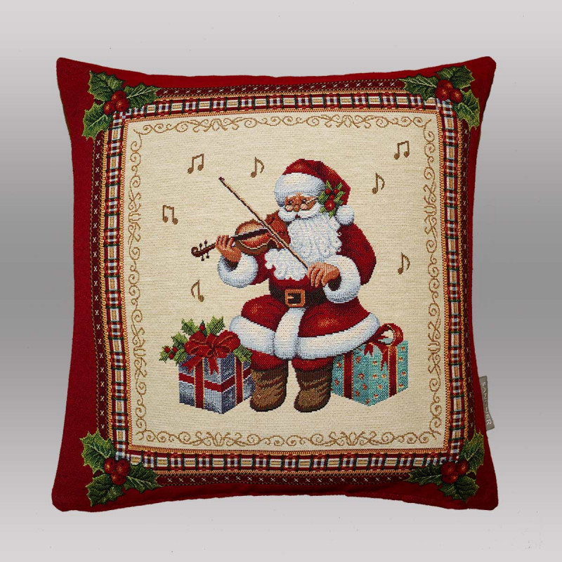 Quadratischer Gobelin-Kissenbezug mit weihnachtlichem Musik-Motiv vor einem neutralen grauen Hintergrund.