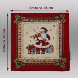 Gobelin-Weihnachtskissen mit roten Maßpfeilen für die Abmessungen Breite und Höhe von ca. 45 cm.