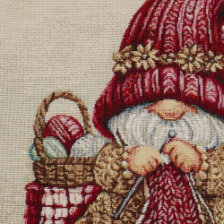 Detailaufnahme von Gobelin-Dekokissen mit Wichtel-Motiv. Hochwertige Struktur und Webart der Heimtextilien.
