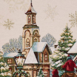 Detailaufnahme von gewebtem Dekokissen mit Winterdorf-Motiv. Hochwertige Struktur und Webart der Heimtextilien.