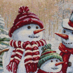 Detailaufnahme von gewebtem Dekokissen mit Schneemann-Motiv. Hochwertige Struktur und Webart der Heimtextilien.