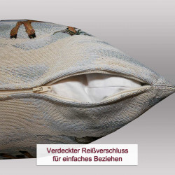 Geöffneter verdeckter Reißverschluss an der Unterseite des Dekokissens für einfaches Beziehen der Heimtextilien.