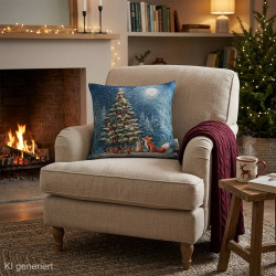 Dekokissen mit geschmücktem Tannenbaum auf beigem Sessel neben behaglichem Kaminfeuer. Winter-Heimtextilien.