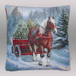 Gewebtes Dekokissen mit nostalgischem Winter-Motiv freigestellt vor grauem Hintergrund. Stilvolle Heimtextilien.