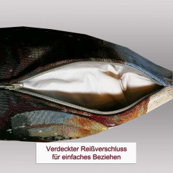 Geöffneter verdeckter Reißverschluss an der Unterseite des Dekokissens für einfaches Beziehen der Heimtextilien.