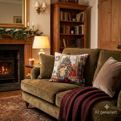 Dekokissen mit Kindern am Weihnachtsbaum auf dem Sofa im gemütlichen Wohnzimmer. Winter-Heimtextilien.