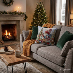 Dekokissen mit Wichtel auf gemühtlichem Sofa im Wohnzimmer mit Kamin. Heimtextilien für Weihnachten.