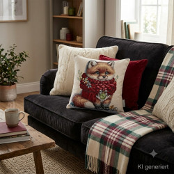 Gobelin-Dekokissen mit Fuchs-Motiv im Wohnzimmer auf dunklem Sofa neben rot-weiß karierter Decke.