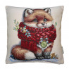 Quadratisches Gobelin-Dekokissen mit gewebtem Fuchs-Motiv und rotem Strickschaal auf hellem Grund.